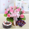 Basket of 10 Pink Roses with Half Kg Black Forest Cake & Dairy Milk Online