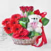 Basket of Red Roses & Gerberas with Teddy Online