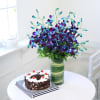 Beautiful 10 Blue Orchids in a Vase with Black Forest Cake (Half Kg) Online