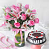 Beautiful 13 Pink Roses & 3 Lilies in a Glass Vase with Round Black Forest Cake (Eggless) Online