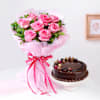 Blissful Chocolate Cake With Blooming Pink Roses Bouquet Online