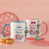 Blue Pachhi Work Bhaiya Bhabhi Rakhis with Personalized Pink And Blue Handle Mug Set Online