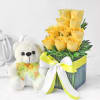 Bouquet of 10 Yellow Roses in Vase with Teddy Online