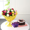 Bouquet of 15 Mix Roses with Black Forest Cake & Chocolate Bars Online