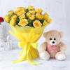 Bouquet of 25 Yellow Roses with Pink Teddy Online
