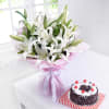 Bouquet of 6 White Lilies with Black Forest Cake (Half Kg) Online