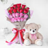 Bouquet of Red and Pink Roses with Teddy Bear Online