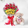 Bouquet of Red and Yellow Roses with Teddy Bear Online