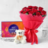 Bouquet Of Red Romance With Assorted Chocolates Box And Teddy Online