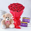 Bouquet of Red Roses with Chocolates & Teddy Bear Online