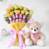 Bouquet of Yellow and Pink Roses with Teddy Bear Online
