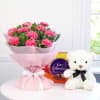 Bunch of 10 Pink Carnations with Teddy & Cadbury Chocolates Online