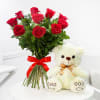Bunch of 10 Red Roses with 12 Inches Teddy Online