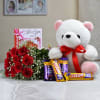 Bunch of 10 Red Roses with Teddy & Assorted Chocolates Online