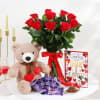 Bunch of 10 Red Roses with Teddy Bear & Assorted Chocolates Online