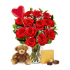 Bunch of 12 Roses with Godiva Chocolates & Teddy Bear Online
