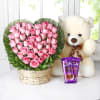Bunch of 35 Roses in Heart Shape with Teddy and Chocolates Online