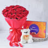 Bunch Of Romantic Reds With Assorted Chocolates Box And Teddy Online