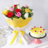 Colorful Assorted Roses Flower Bouquet with Pineapple Cake (Eggless) (Half Kg) Online