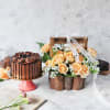 Dark Chocolate Ganache Cake With Basket Of Peach Roses (Half kg) Online