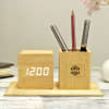 Digital Wooden Clock with Pen Stand - Customized with Logo Online