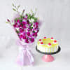 Elegant Purple Orchids Ribbon Bouquet with Pineapple Cake (Half Kg) Online