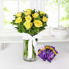 Glass Vase of 10 Roses with Chocolates Online