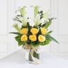 Gift Glass Vase of 6 Yellow Roses & 2 Lilies with Matching Ribbon