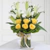 Glass Vase of 6 Yellow Roses & 2 Lilies with Matching Ribbon Online