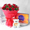 Gorgeous Red Rose Bouquet with Teddy & Cadbury Celebrations Online