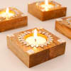 Gift Handcrafted Wooden Tea Light Holder With Candle - Set Of 4