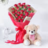 Majestic Red Rose Bouquet with Teddy Bear Online