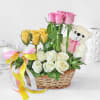 Mixed Roses in Basket Arrangement with Mini Teddy Online