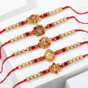 Gift Om And Ganesha Metal Rakhi Set Of 5 And Kaju Katli Combo