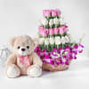 Orchids and Roses in Basket with Teddy Bear Online
