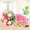 PINK AND WHITE ROSES AND FERRERO CHOCOLATES Online