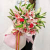 Gift Pink Lily Roses & Carnations Arranged in a Ribbon Bouquet