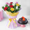 Pink Yellow Red & White Roses Arrangement with Chocolate Cake (Eggless) (Half Kg) Online
