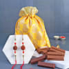 Rudraksh Rakhi Set Of 2 With Wafer Chocolates In Potli Online
