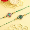 Gift Set of 2 Semi Precious Jade Stone Rakhi with Silver Plated Puja Thali