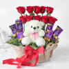 Gift Stylish Arrangement of 10 Red Roses with Dairy Milk & Teddy