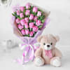 Subtle Pink Rose Bouquet with Teddy Bear Online