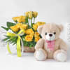 Sunshine Yellow Roses in Basket with Teddy Online