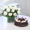 Vase Arrangement 15 White Roses with Black Forest Cake (Half Kg) Online
