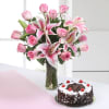 Vase of 13 Pink Roses & 3 Lilies with Half Kg Black Forest Cake Online