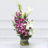 Gift Vase of 5 Purple Orchids & 3 Lilies with 16 Pcs Ferrero Rocher Box