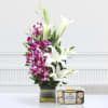 Vase of 5 Purple Orchids & 3 Lilies with 16 Pcs Ferrero Rocher Box Online