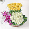 Gift Yellow and White Roses with Orchids in Basket with Teddy Bear