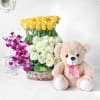 Yellow and White Roses with Orchids in Basket with Teddy Bear Online