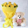 Yellow Rose Bouquet with Pink Teddy Online